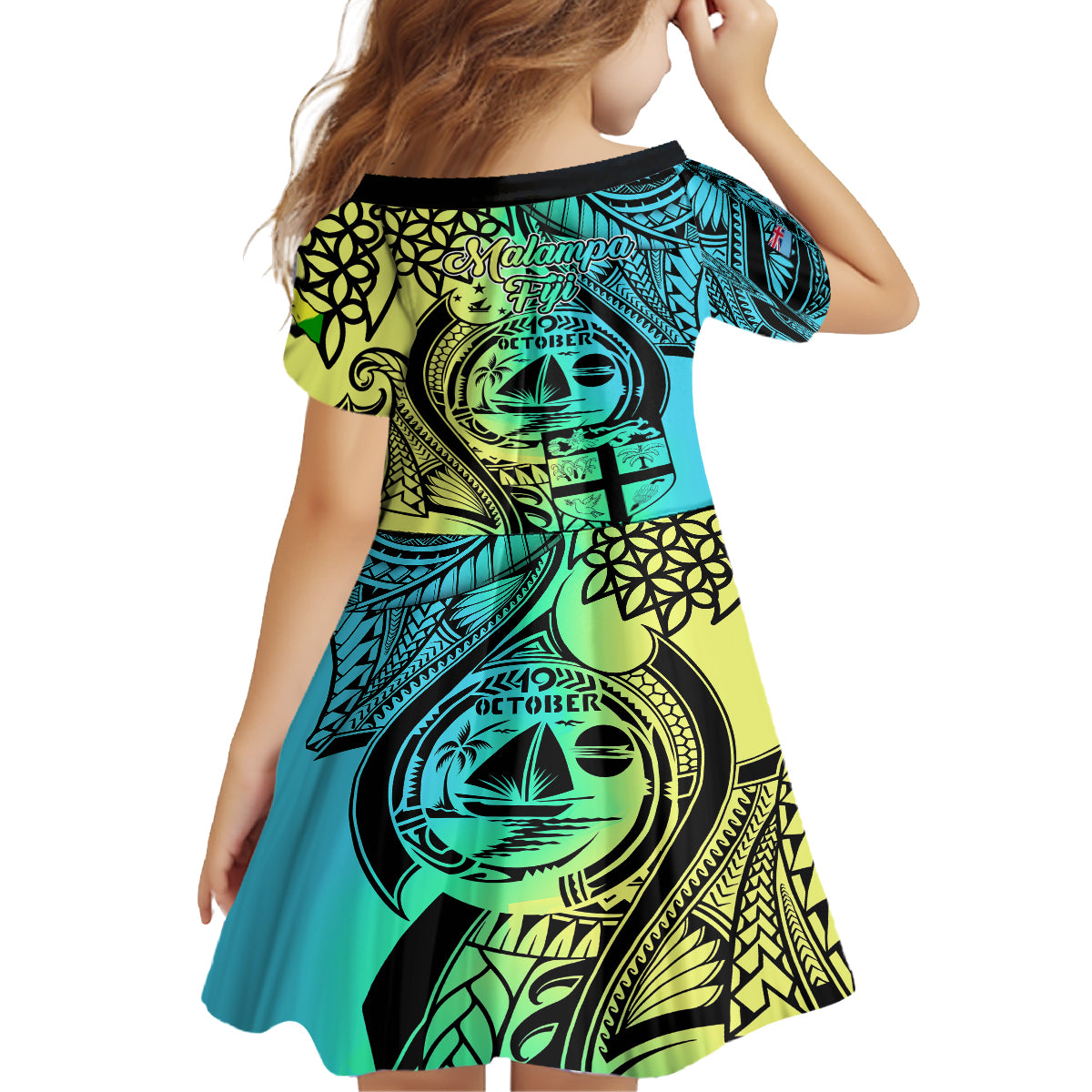 Malampa Fiji Day Kid Short Sleeve Dress Vanuatu Sand Drawing With Polynesian Pattern LT9 - Polynesian Pride