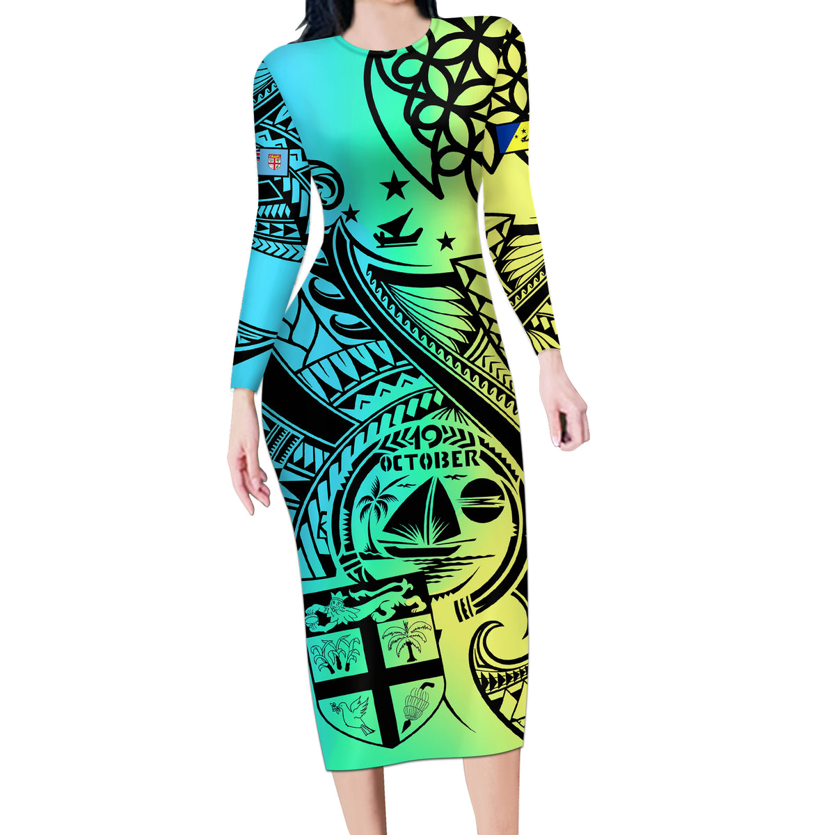 Malampa Fiji Day Long Sleeve Bodycon Dress Vanuatu Sand Drawing With Polynesian Pattern LT9 Long Dress Black - Polynesian Pride