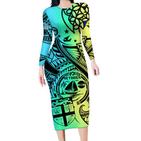 Malampa Fiji Day Long Sleeve Bodycon Dress Vanuatu Sand Drawing With Polynesian Pattern LT9 Long Dress Black - Polynesian Pride