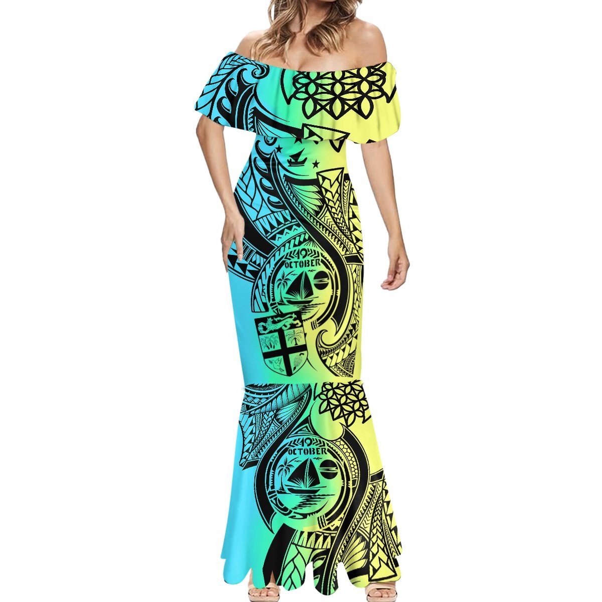 Malampa Fiji Day Mermaid Dress Vanuatu Sand Drawing With Polynesian Pattern LT9 - Polynesian Pride