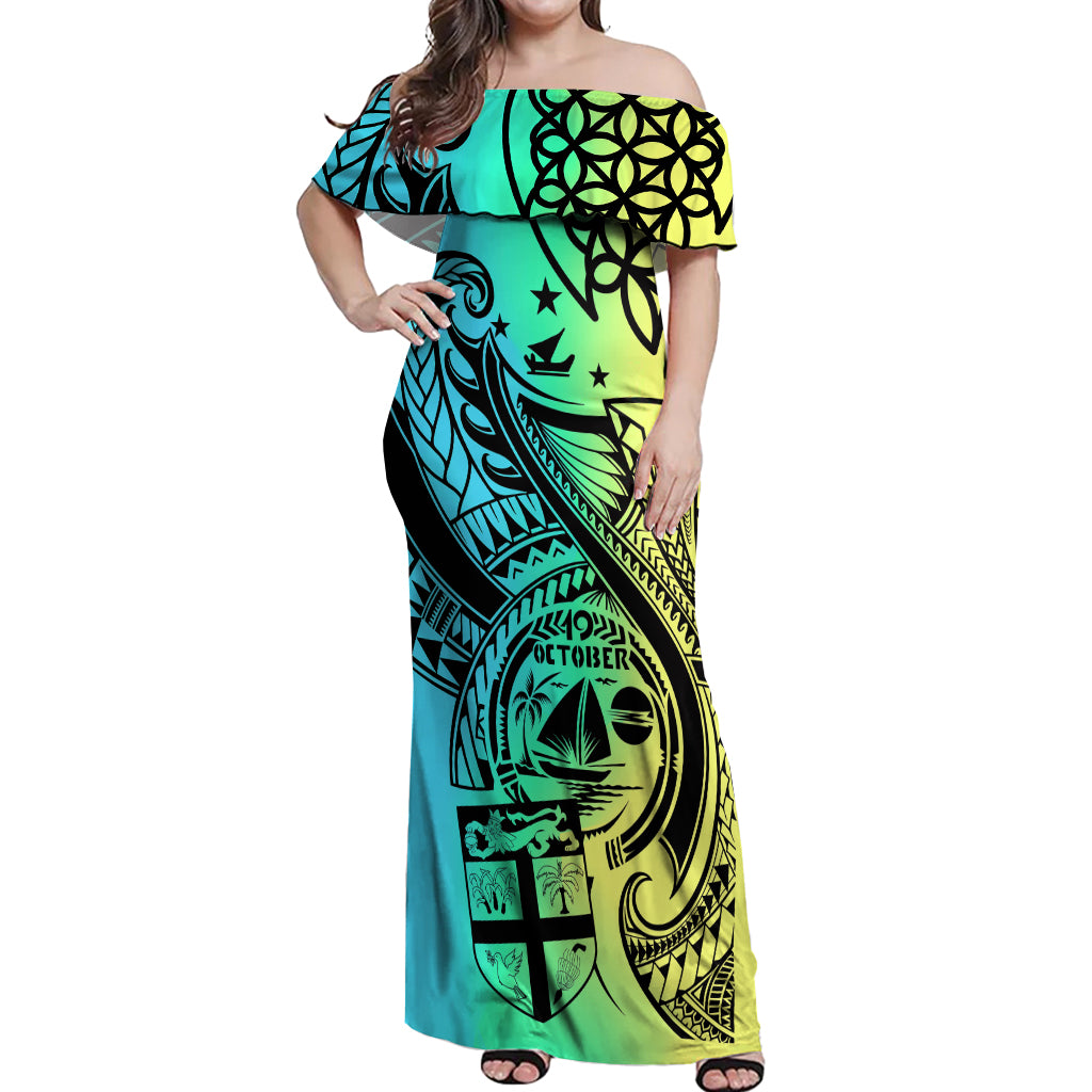 Malampa Fiji Day Off Shoulder Maxi Dress Vanuatu Sand Drawing With Polynesian Pattern LT9 Women Black - Polynesian Pride