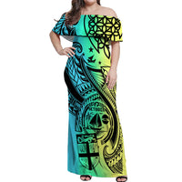 Malampa Fiji Day Off Shoulder Maxi Dress Vanuatu Sand Drawing With Polynesian Pattern LT9 Women Black - Polynesian Pride