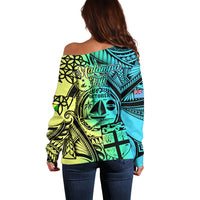 Malampa Fiji Day Off Shoulder Sweater Vanuatu Sand Drawing With Polynesian Pattern LT9 - Polynesian Pride