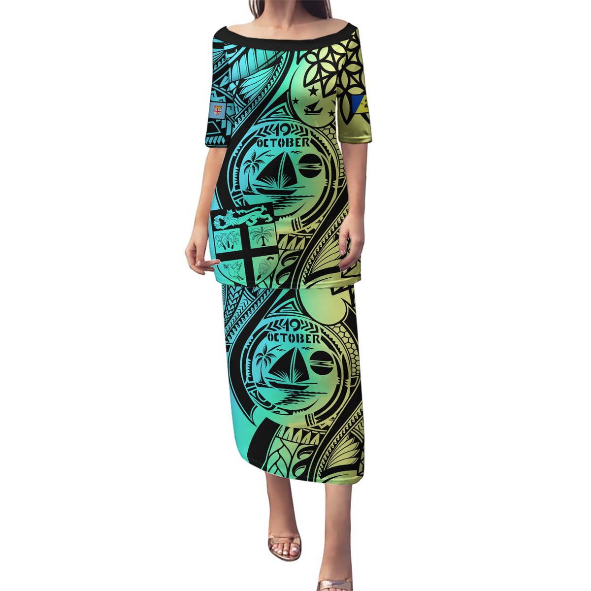 Malampa Fiji Day Puletasi Vanuatu Sand Drawing With Polynesian Pattern LT9 Long Dress Black - Polynesian Pride