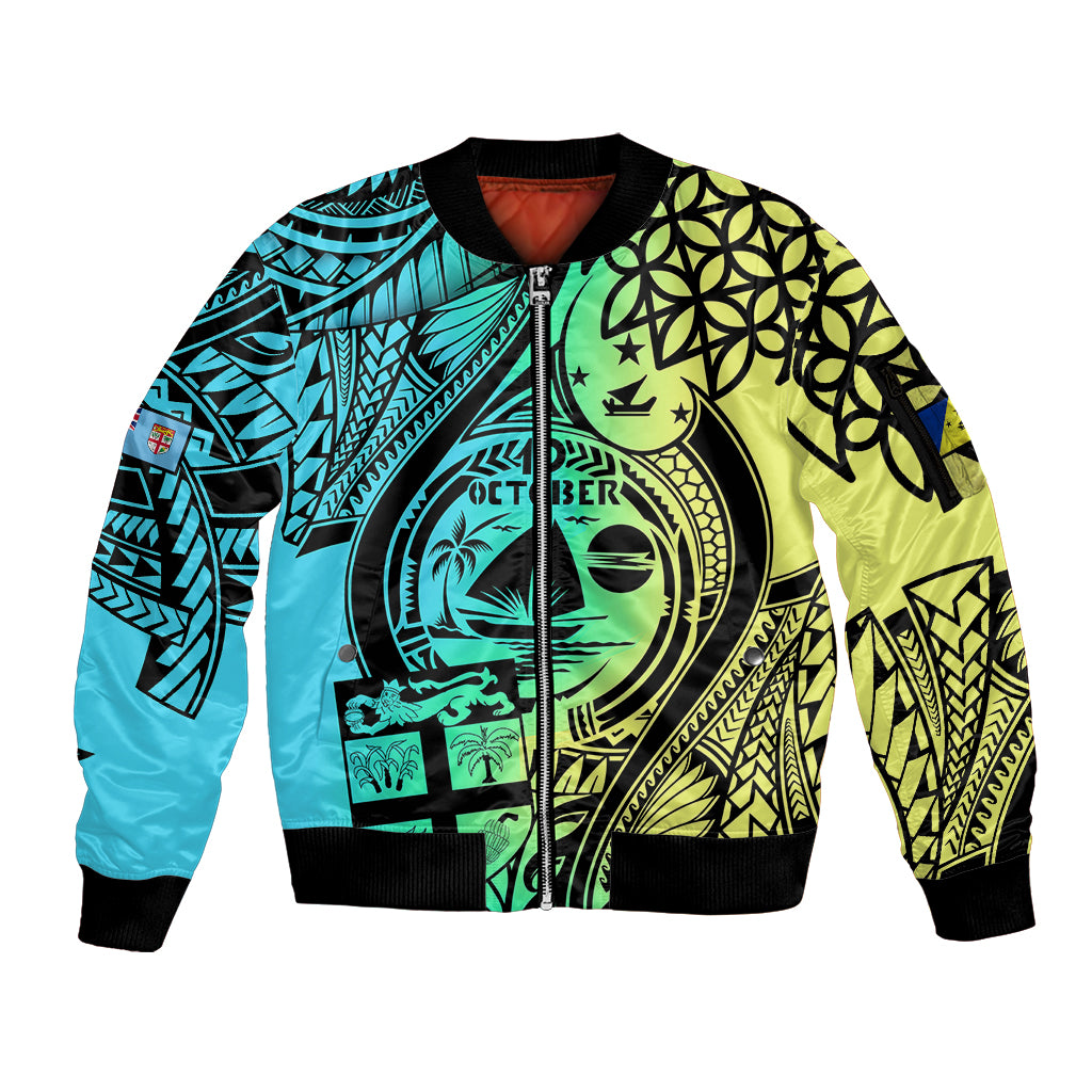 Malampa Fiji Day Sleeve Zip Bomber Jacket Vanuatu Sand Drawing With Polynesian Pattern LT9 Unisex Black - Polynesian Pride