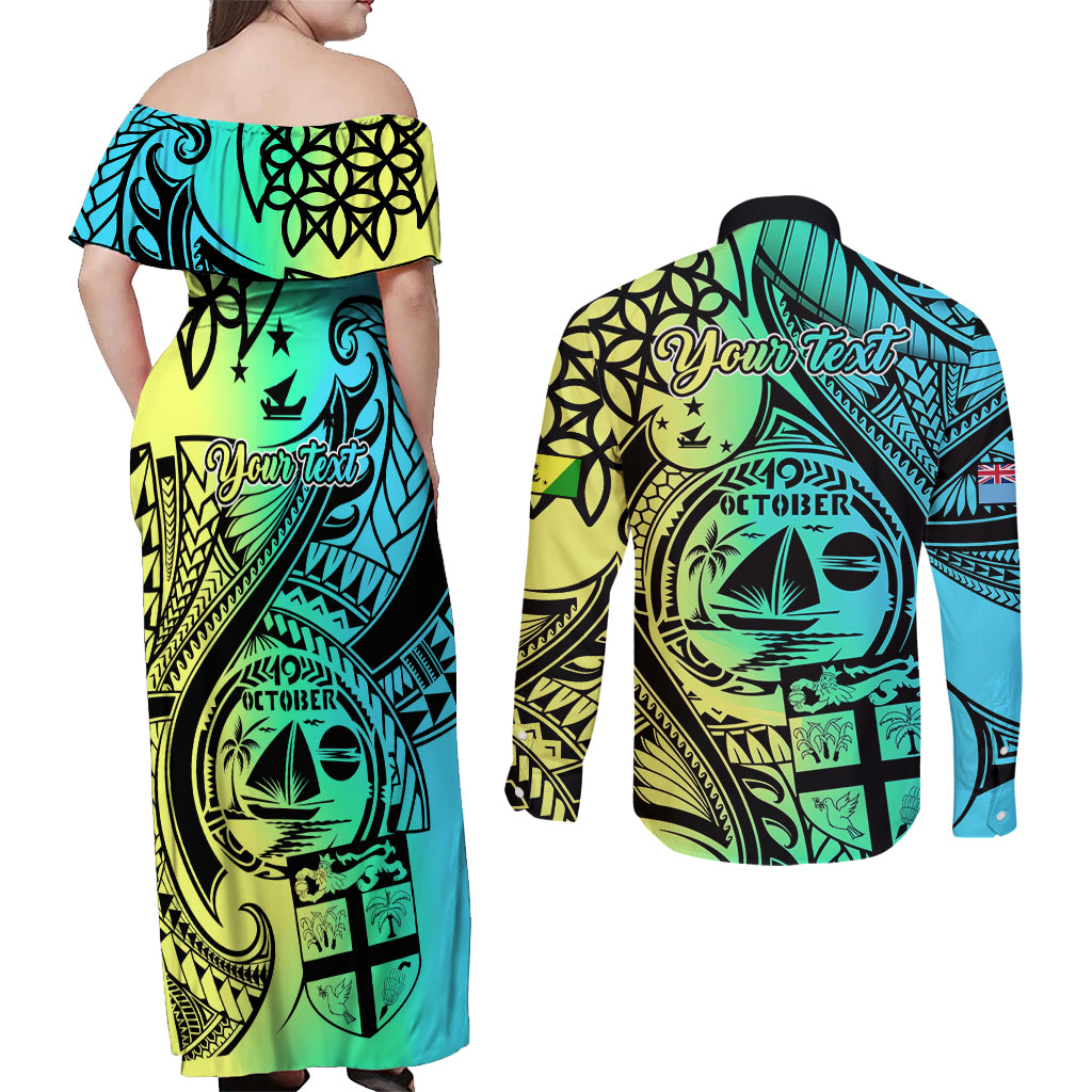 Personalised Malampa Fiji Day Couples Matching Off Shoulder Maxi Dress and Long Sleeve Button Shirts Vanuatu Sand Drawing With Polynesian Pattern LT9 - Polynesian Pride