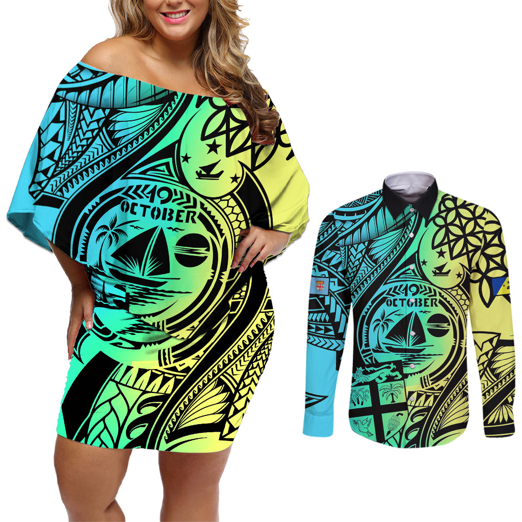 personalised-malampa-fiji-day-couples-matching-off-shoulder-short-dress-and-long-sleeve-button-shirts-vanuatu-sand-drawing-with-polynesian-pattern