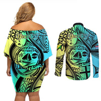 Personalised Malampa Fiji Day Couples Matching Off Shoulder Short Dress and Long Sleeve Button Shirts Vanuatu Sand Drawing With Polynesian Pattern LT9 - Polynesian Pride