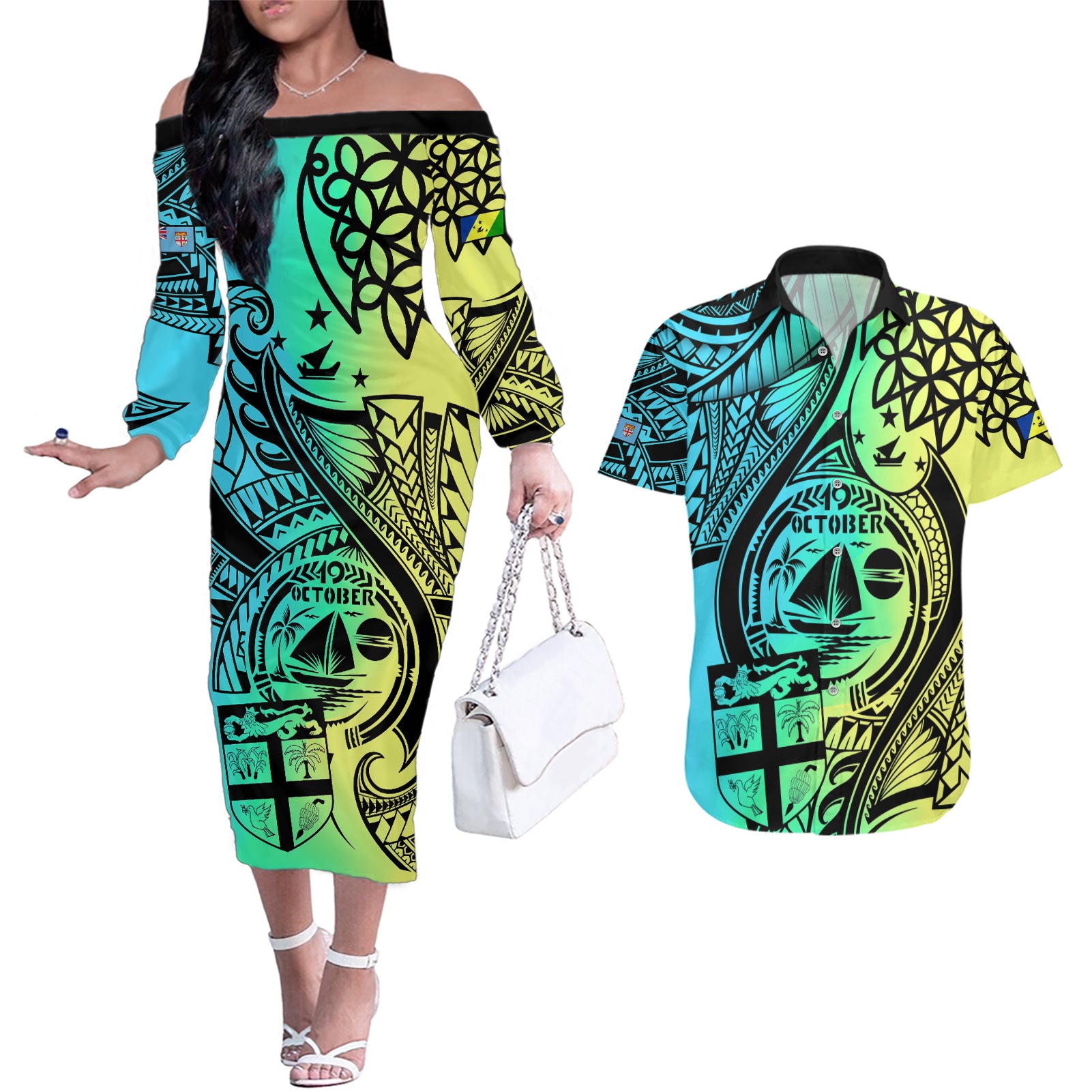 personalised-malampa-fiji-day-couples-matching-off-the-shoulder-long-sleeve-dress-and-hawaiian-shirt-vanuatu-sand-drawing-with-polynesian-pattern