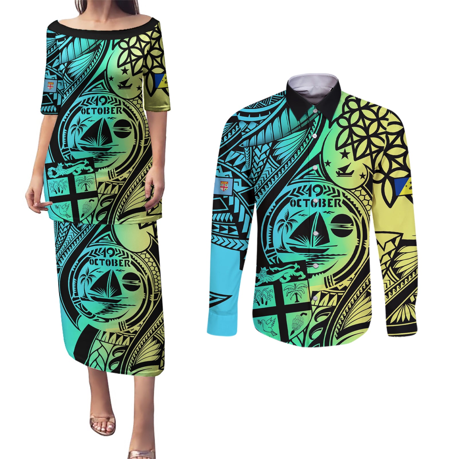 personalised-malampa-fiji-day-couples-matching-puletasi-dress-and-long-sleeve-button-shirts-vanuatu-sand-drawing-with-polynesian-pattern