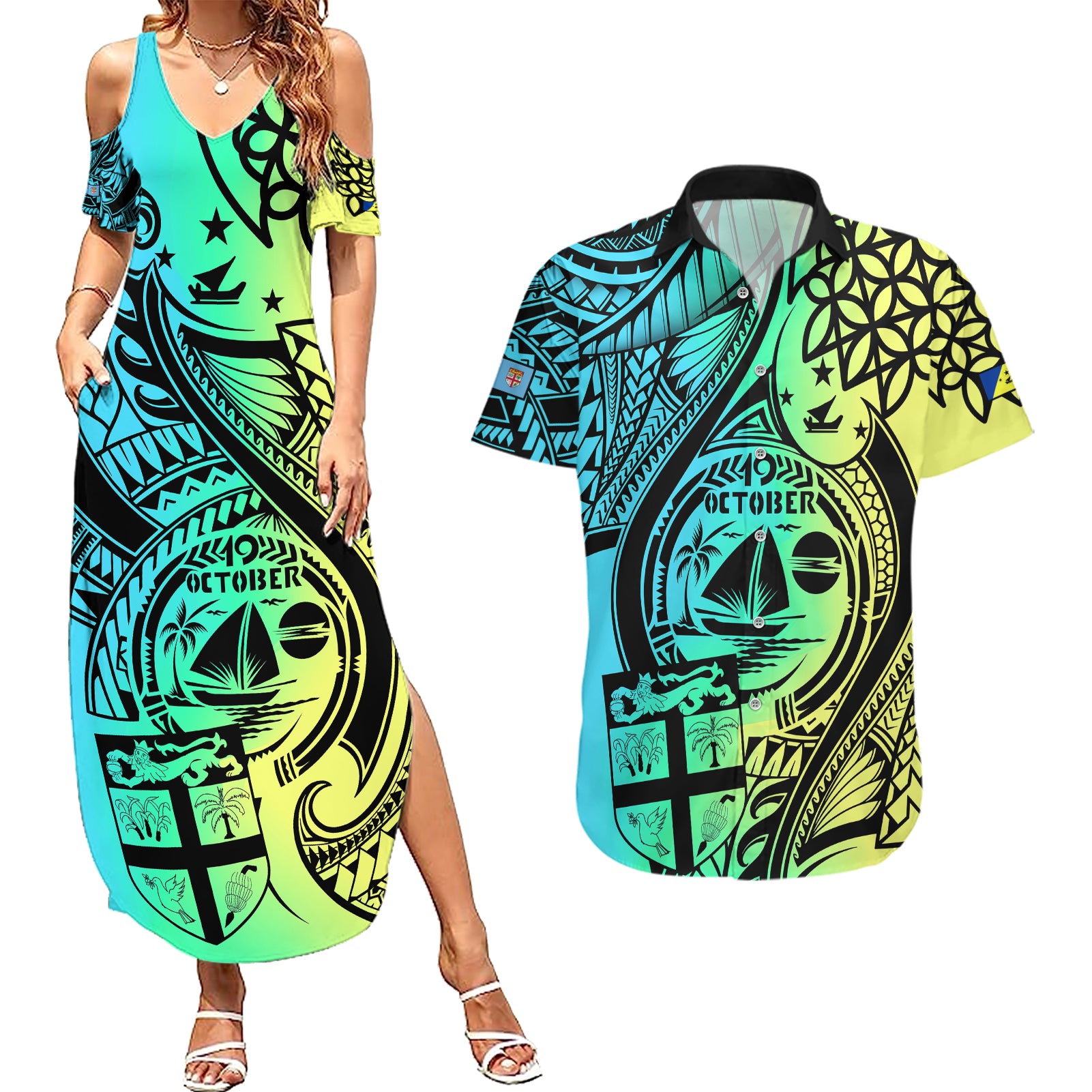 personalised-malampa-fiji-day-couples-matching-summer-maxi-dress-and-hawaiian-shirt-vanuatu-sand-drawing-with-polynesian-pattern