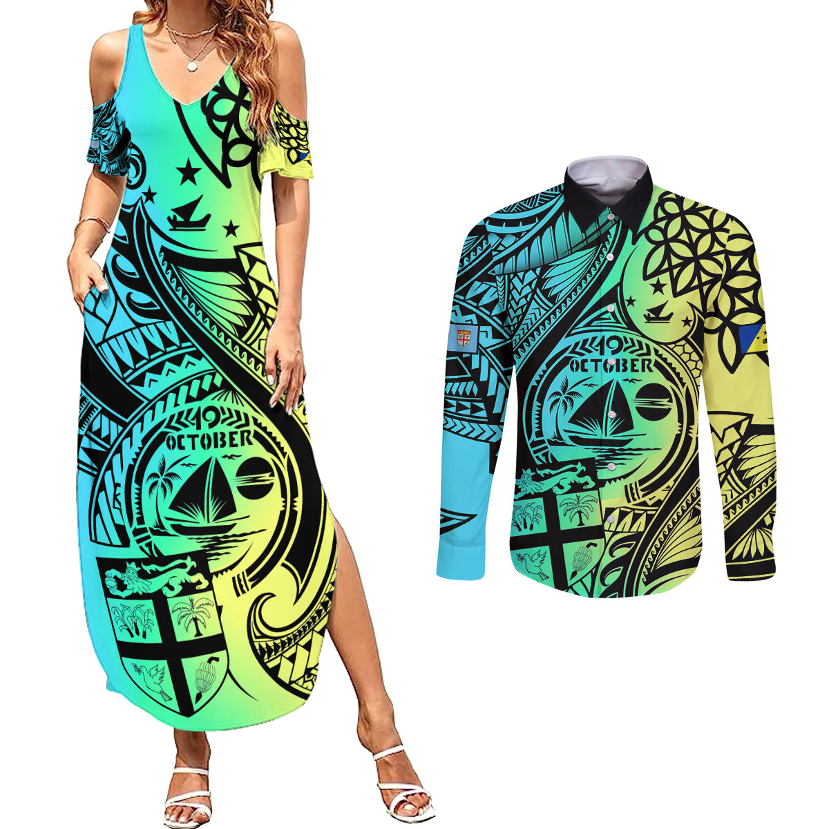 personalised-malampa-fiji-day-couples-matching-summer-maxi-dress-and-long-sleeve-button-shirts-vanuatu-sand-drawing-with-polynesian-pattern