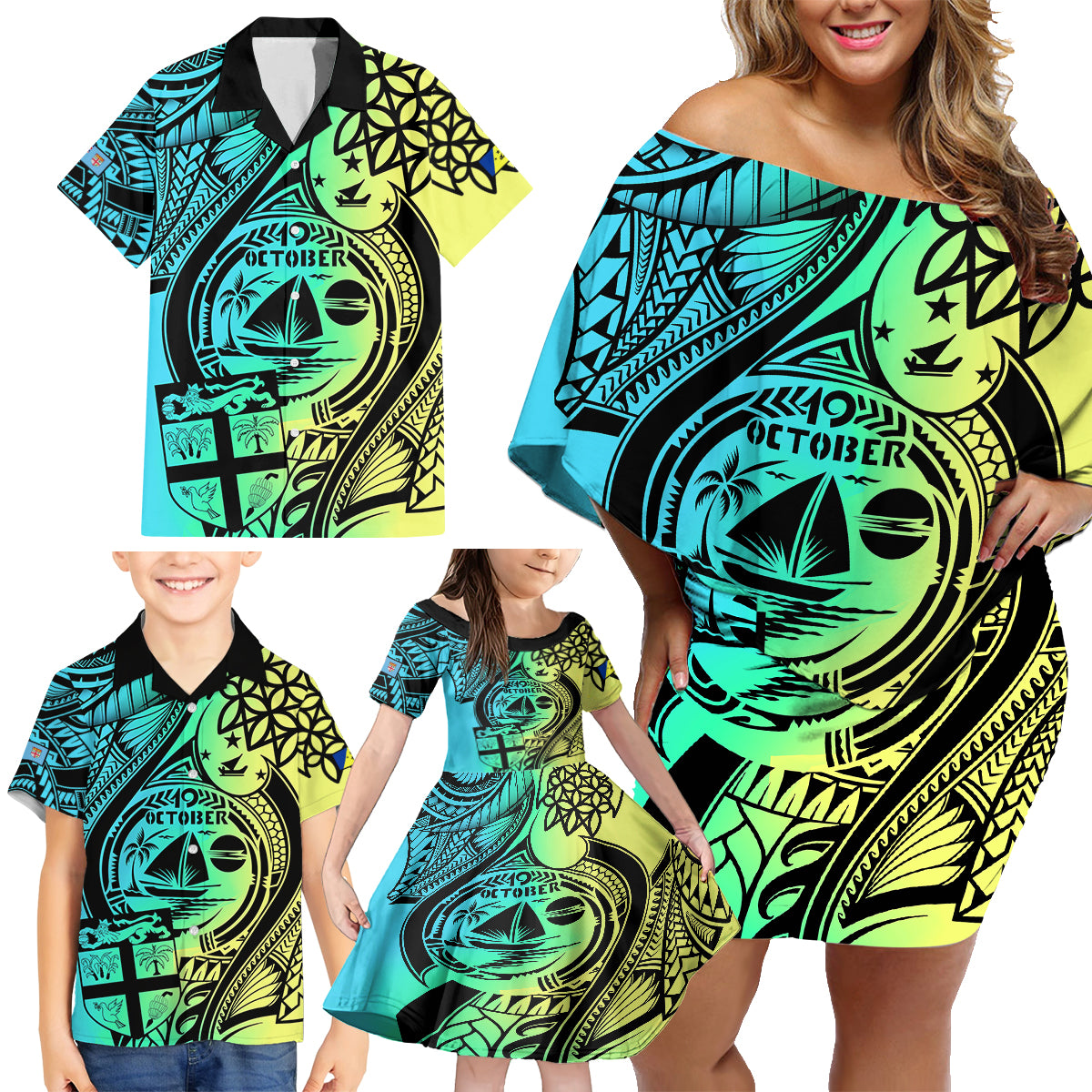 personalised-malampa-fiji-day-family-matching-off-shoulder-short-dress-and-hawaiian-shirt-vanuatu-sand-drawing-with-polynesian-pattern