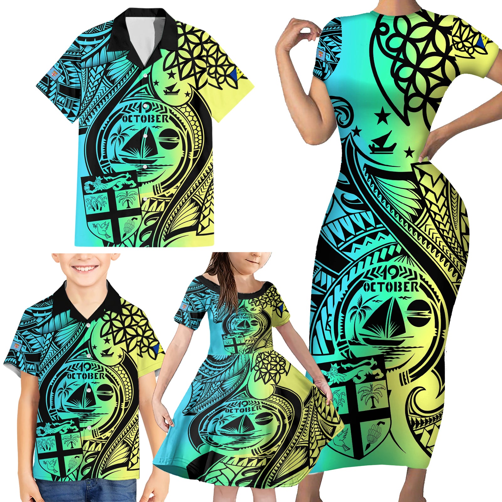 personalised-malampa-fiji-day-family-matching-short-sleeve-bodycon-dress-and-hawaiian-shirt-vanuatu-sand-drawing-with-polynesian-pattern