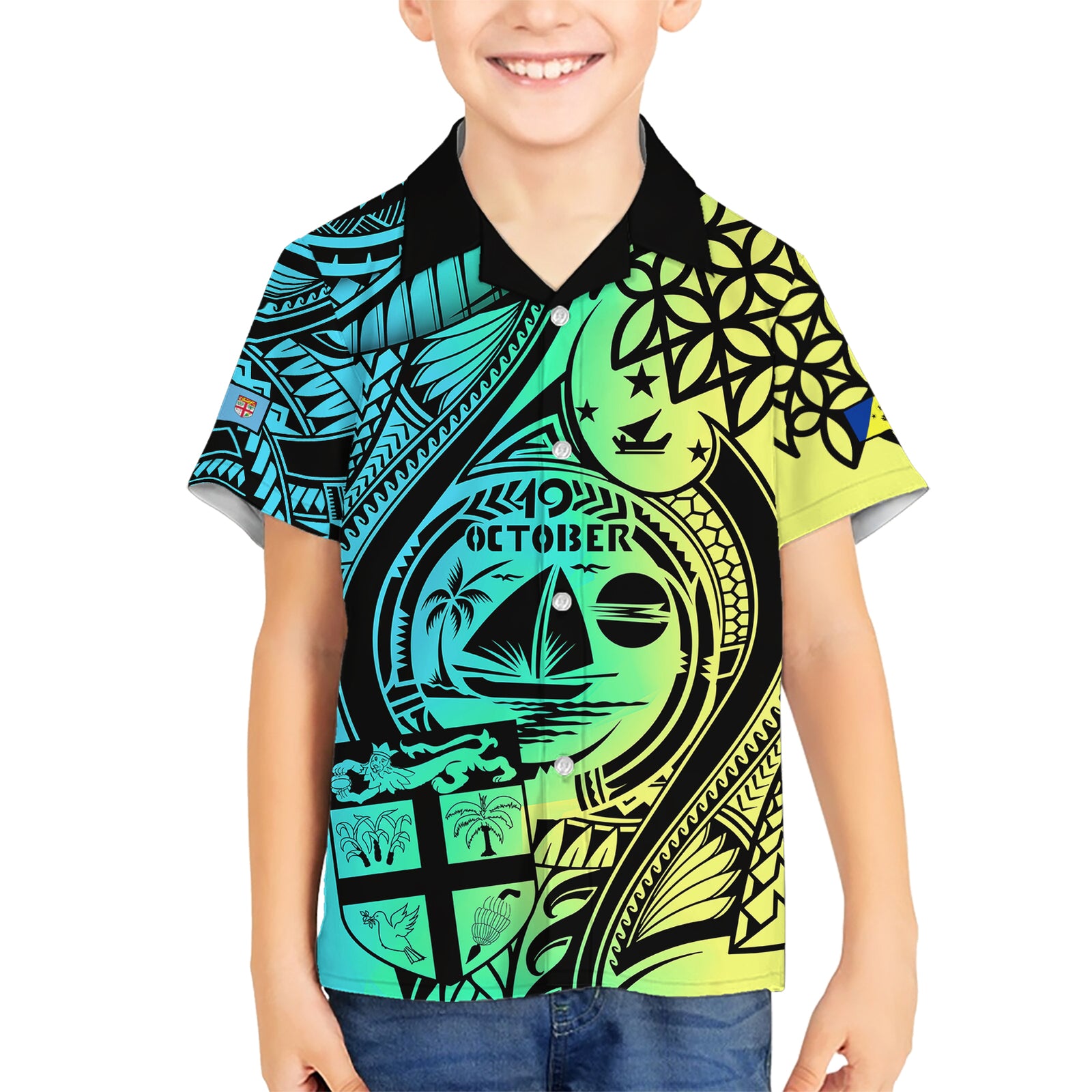 Personalised Malampa Fiji Day Kid Hawaiian Shirt Vanuatu Sand Drawing With Polynesian Pattern LT9 Kid Black - Polynesian Pride