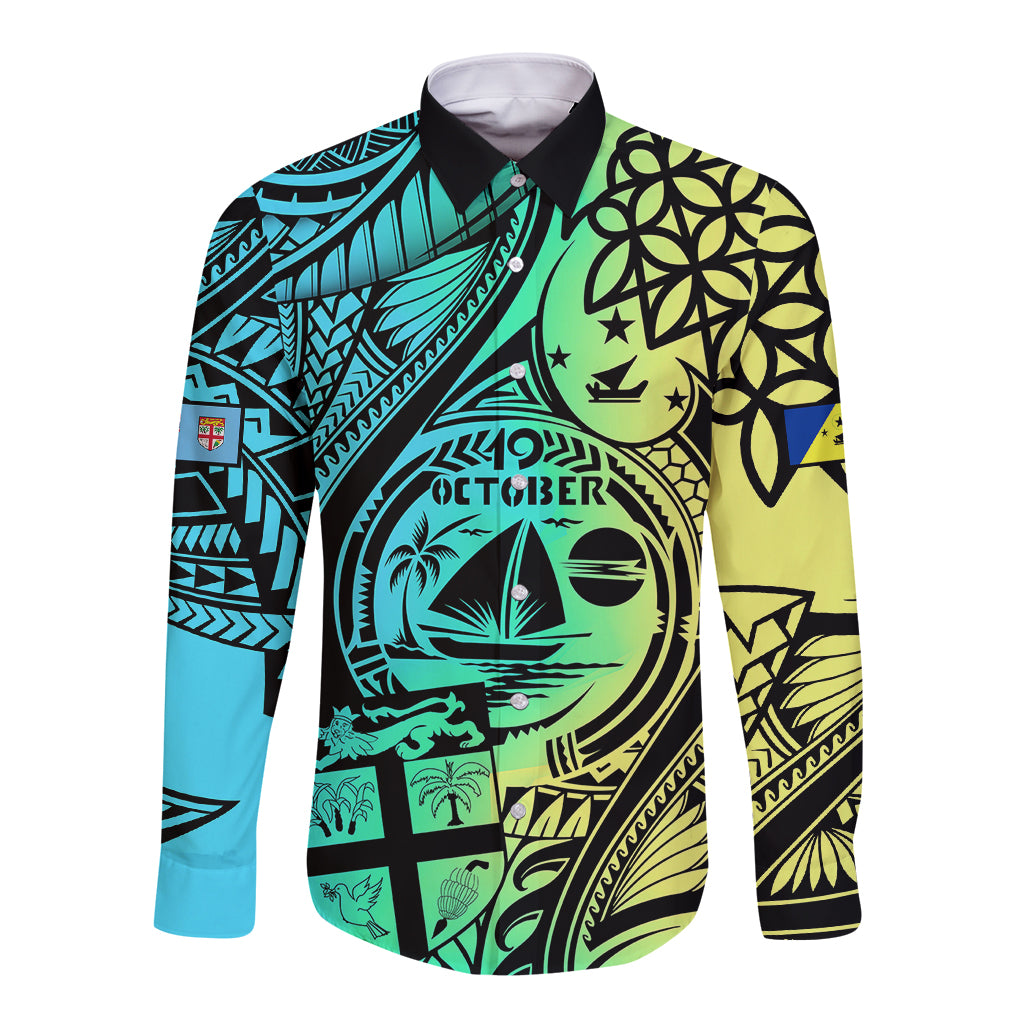Personalised Malampa Fiji Day Long Sleeve Button Shirt Vanuatu Sand Drawing With Polynesian Pattern LT9 Unisex Black - Polynesian Pride