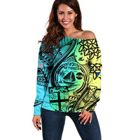 Personalised Malampa Fiji Day Off Shoulder Sweater Vanuatu Sand Drawing With Polynesian Pattern LT9 Women Black - Polynesian Pride