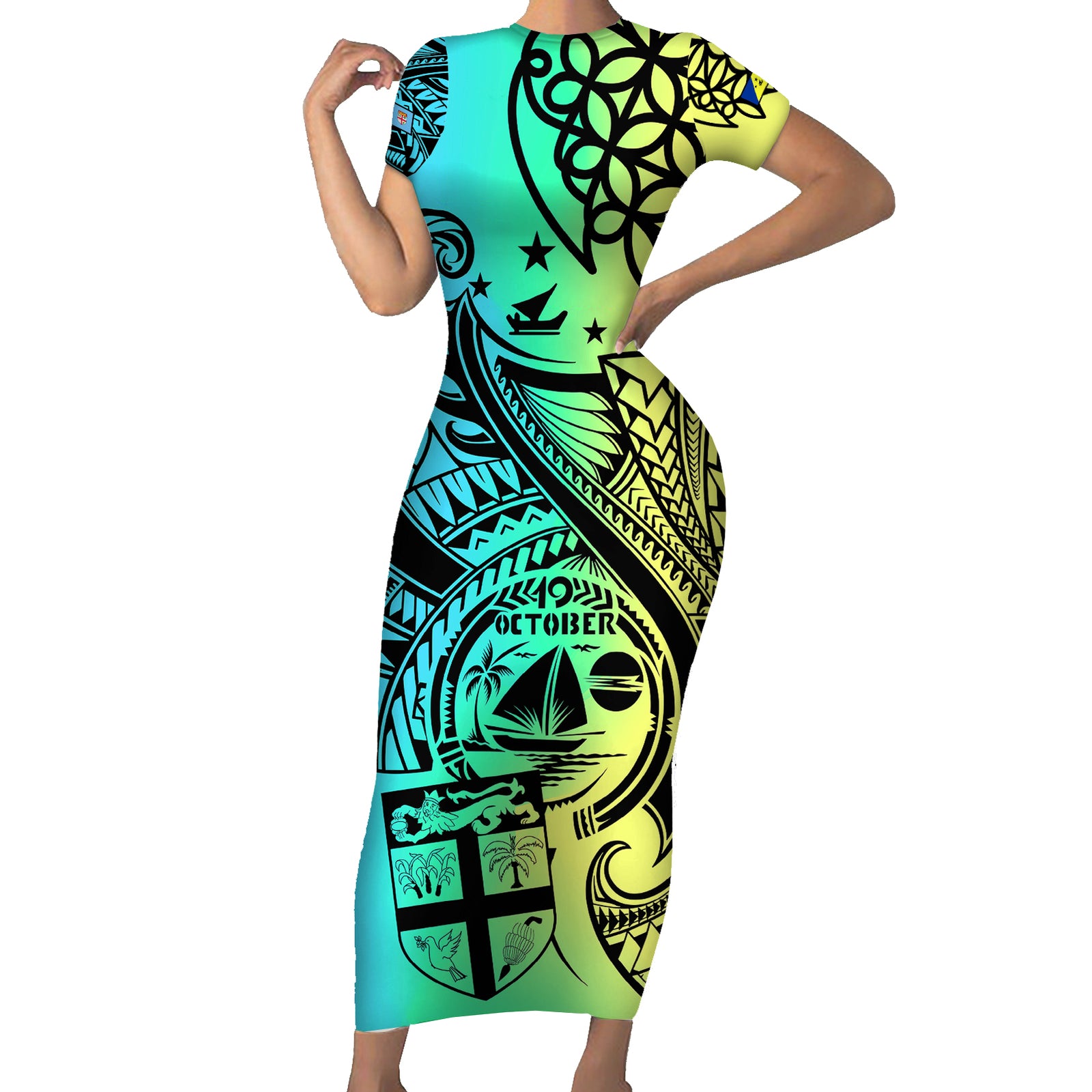 Personalised Malampa Fiji Day Short Sleeve Bodycon Dress Vanuatu Sand Drawing With Polynesian Pattern LT9 Long Dress Black - Polynesian Pride