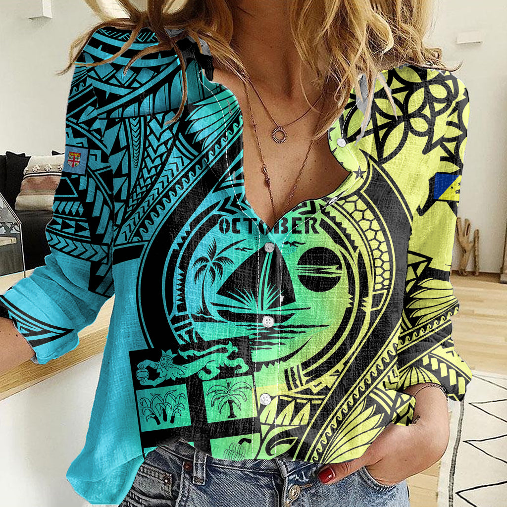 Personalised Malampa Fiji Day Women Casual Shirt Vanuatu Sand Drawing With Polynesian Pattern LT9 Female Black - Polynesian Pride