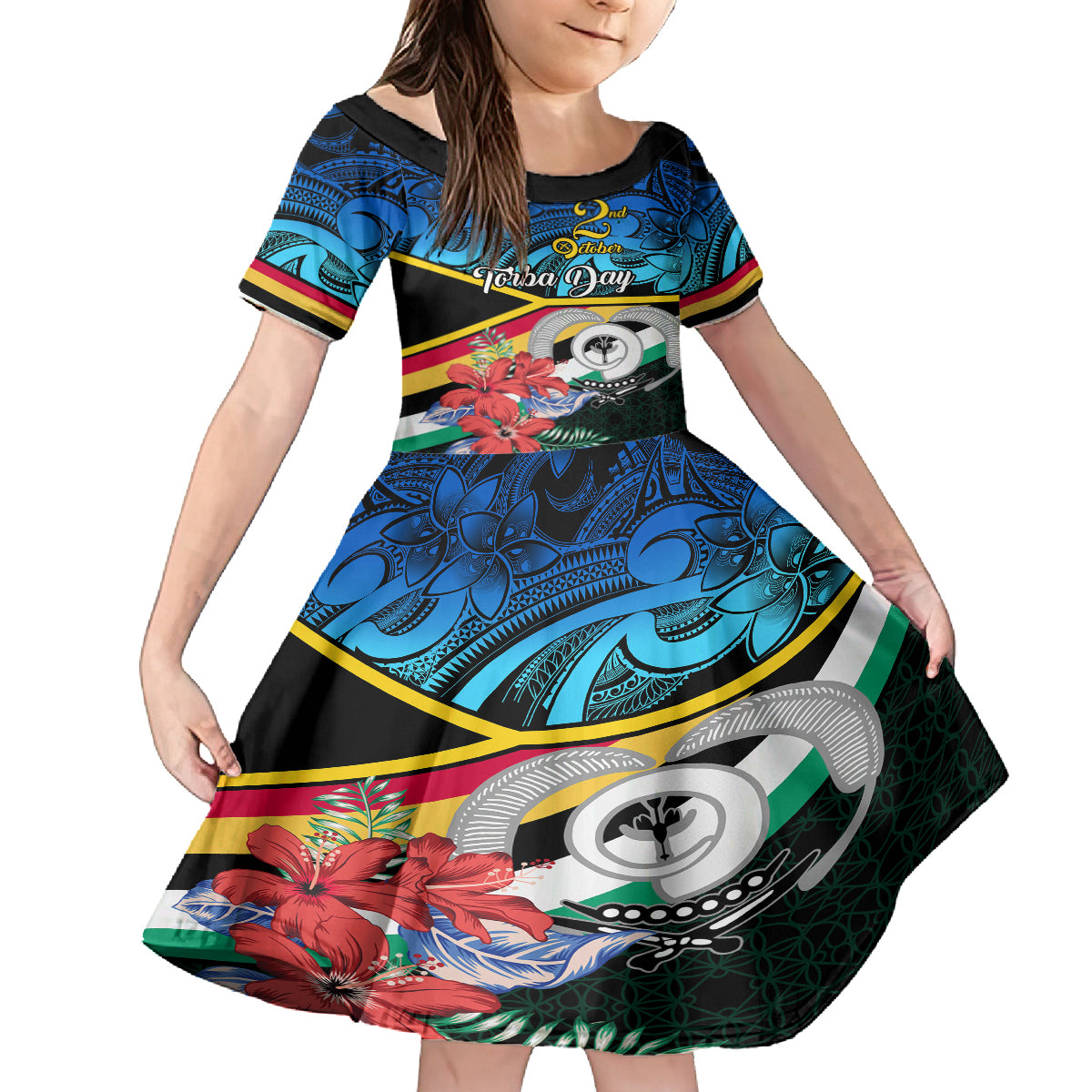 Personalised Torba Vanuatu Kid Short Sleeve Dress Sand Drawing With Polynesian Pattern LT9 KID Black - Polynesian Pride