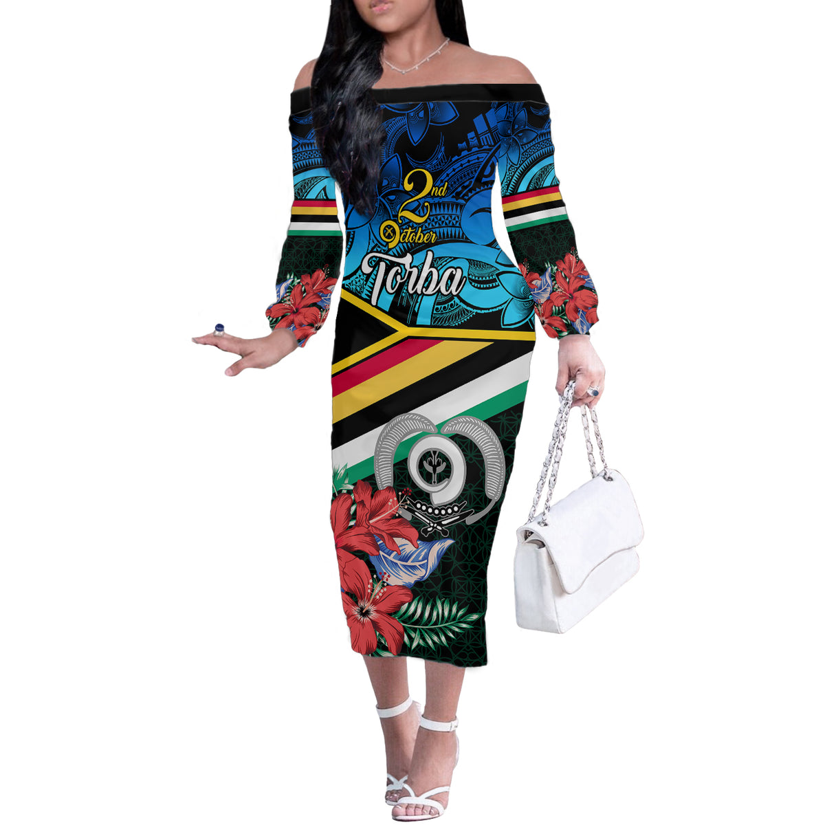 Personalised Torba Vanuatu Off The Shoulder Long Sleeve Dress Sand Drawing With Polynesian Pattern LT9 Women Black - Polynesian Pride