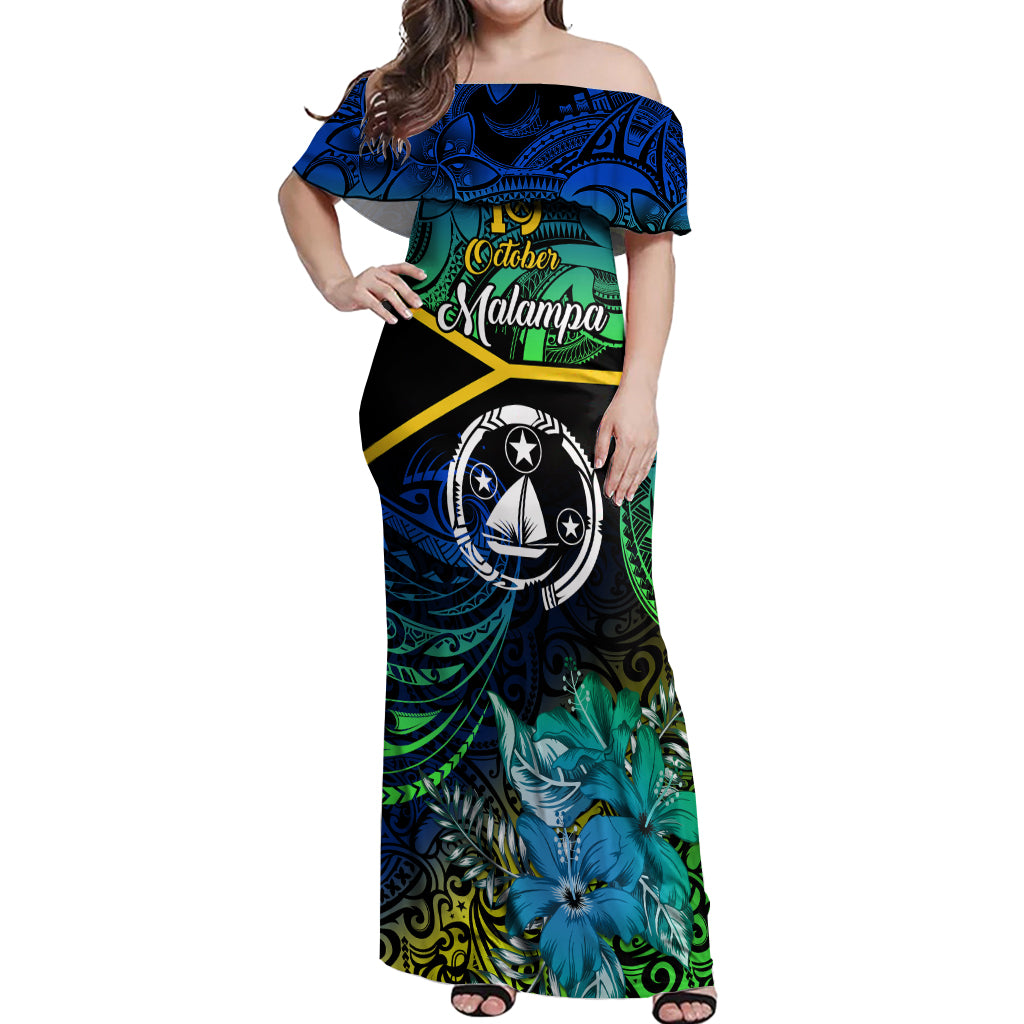 Malampa Day Off Shoulder Maxi Dress Vanuatu Flowers with Malampa Emblem Tribal Pattern LT9 Women Black - Polynesian Pride