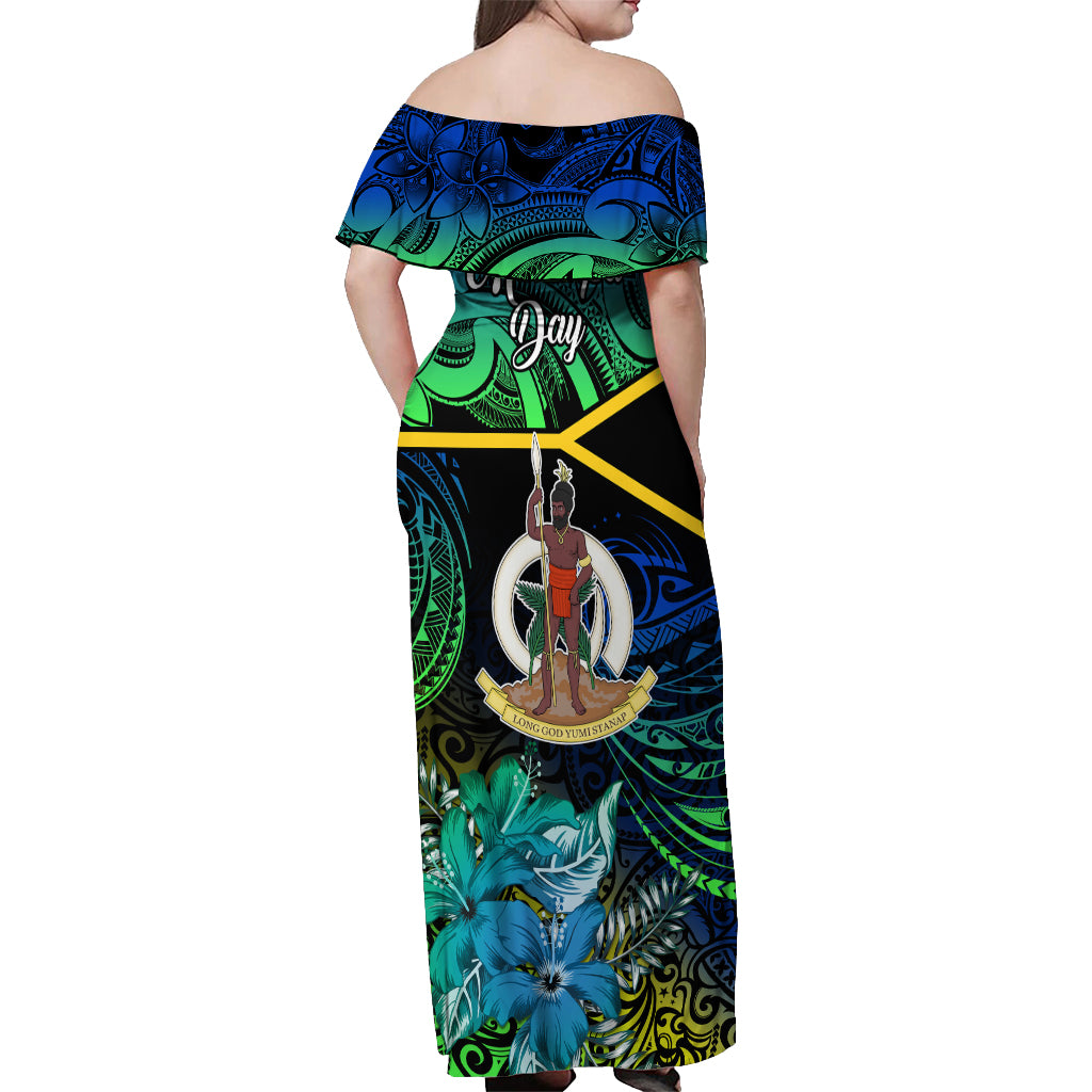 Malampa Day Off Shoulder Maxi Dress Vanuatu Flowers with Malampa Emblem Tribal Pattern LT9 - Polynesian Pride
