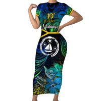 Malampa Day Short Sleeve Bodycon Dress Vanuatu Flowers with Malampa Emblem Tribal Pattern LT9 Long Dress Black - Polynesian Pride