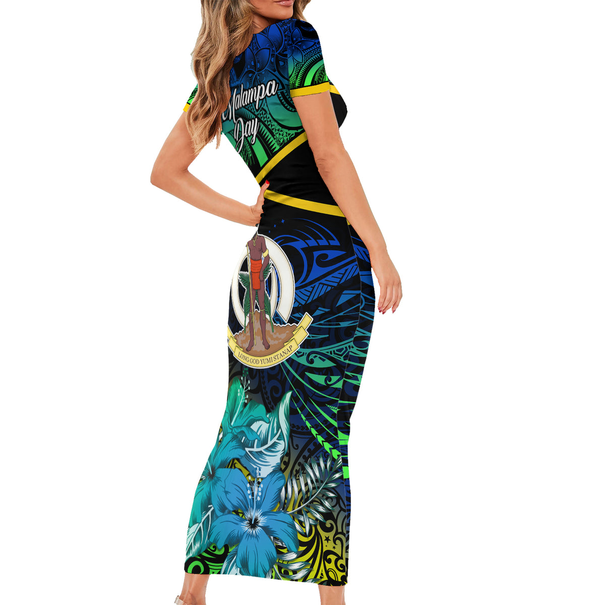 Malampa Day Short Sleeve Bodycon Dress Vanuatu Flowers with Malampa Emblem Tribal Pattern LT9 - Polynesian Pride