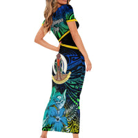 Malampa Day Short Sleeve Bodycon Dress Vanuatu Flowers with Malampa Emblem Tribal Pattern LT9 - Polynesian Pride