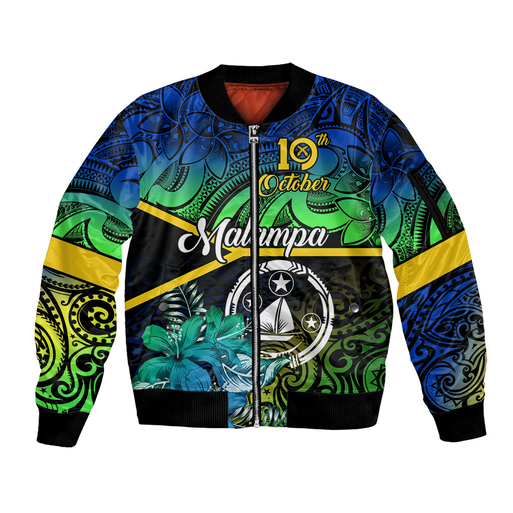 Malampa Day Sleeve Zip Bomber Jacket Vanuatu Flowers with Malampa Emblem Tribal Pattern LT9 Unisex Black - Polynesian Pride