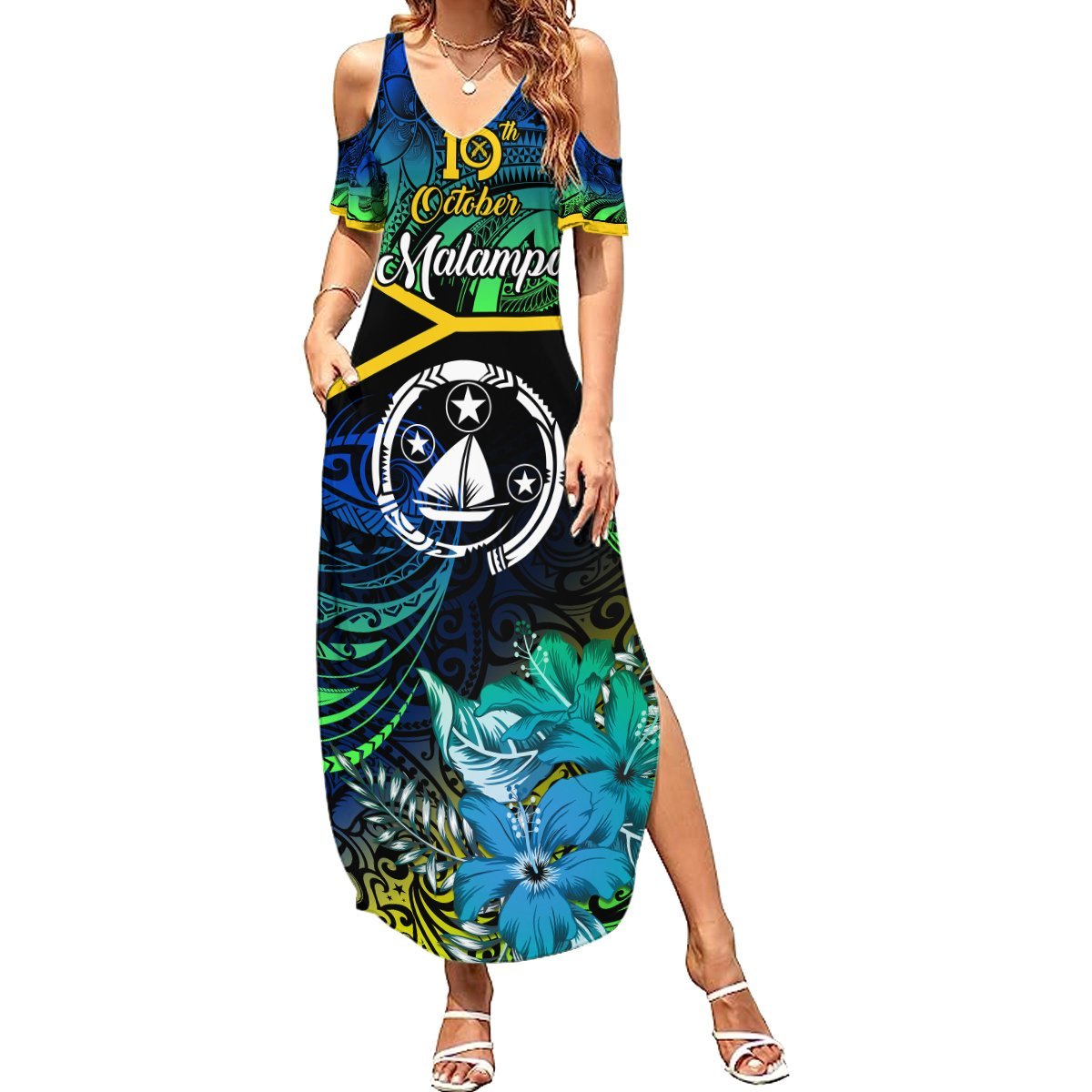 Malampa Day Summer Maxi Dress Vanuatu Flowers with Malampa Emblem Tribal Pattern LT9 Women Black - Polynesian Pride