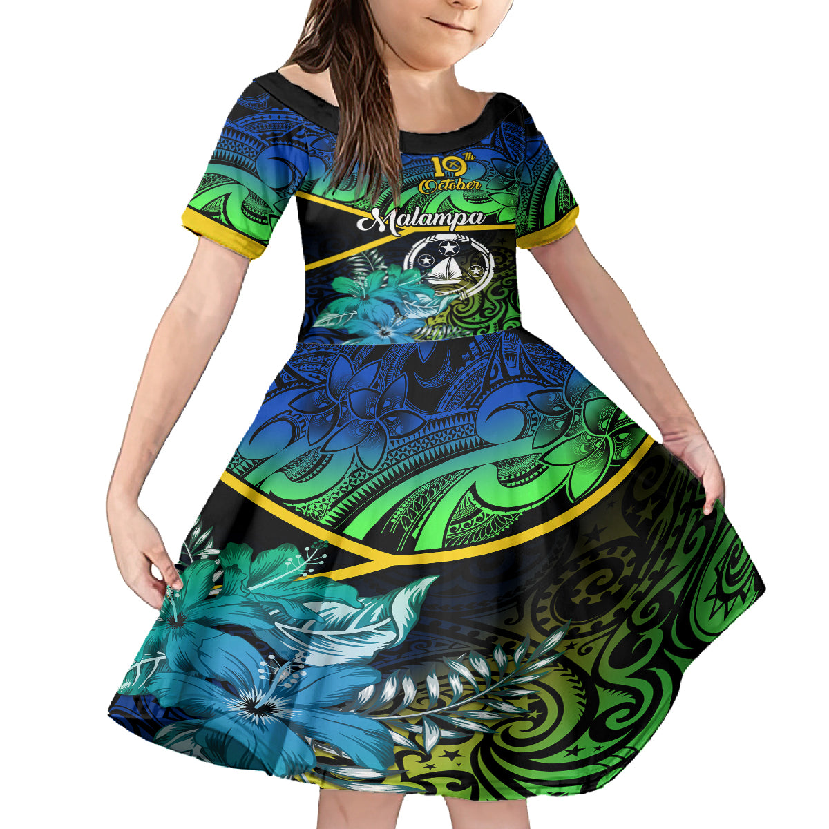 Personalised Malampa Day Kid Short Sleeve Dress Vanuatu Flowers with Malampa Emblem Tribal Pattern LT9 KID Black - Polynesian Pride