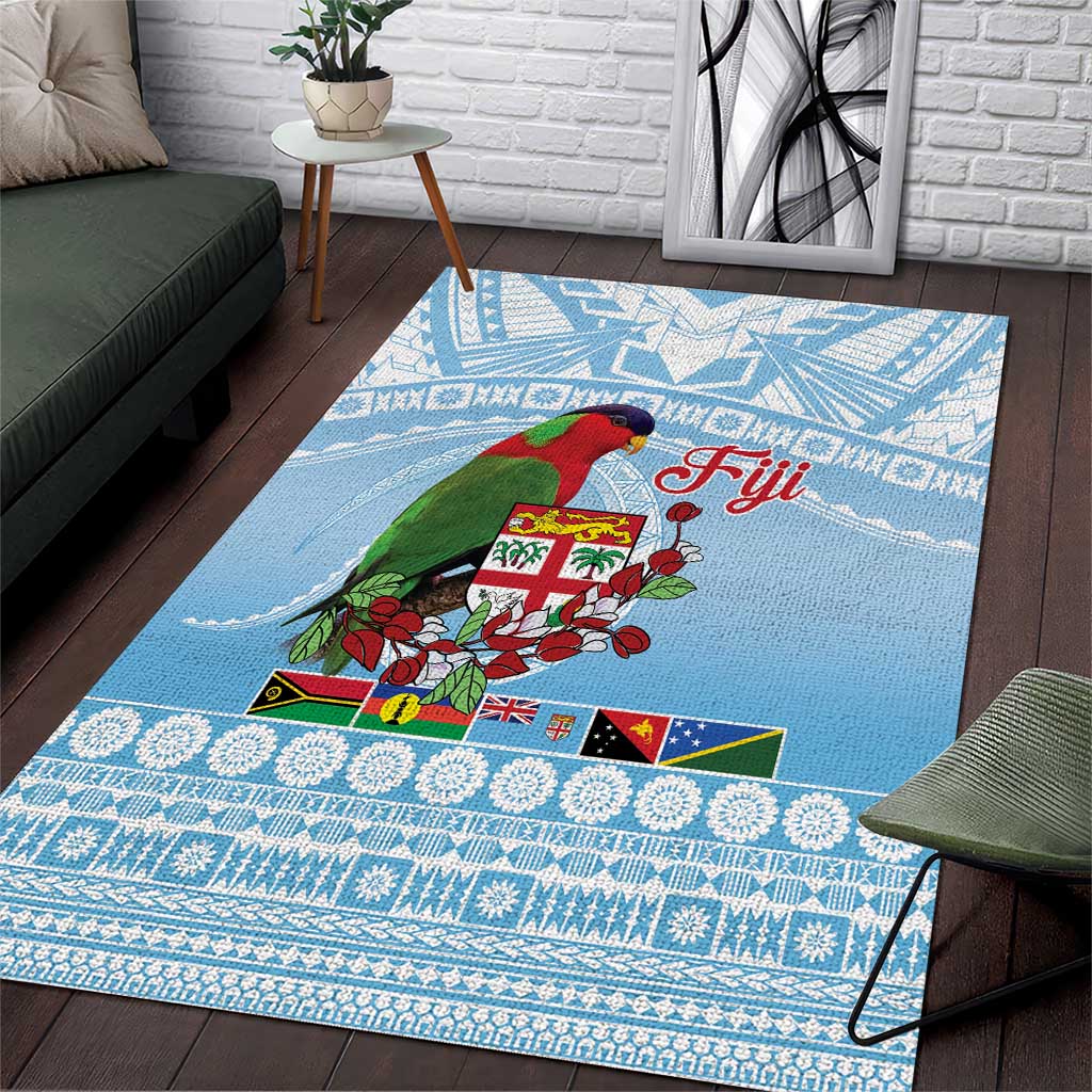 Melanesian Fiji Kula Bird Area Rug with Tagimoucia Masi Tapa Pattern LT9 Blue - Polynesian Pride