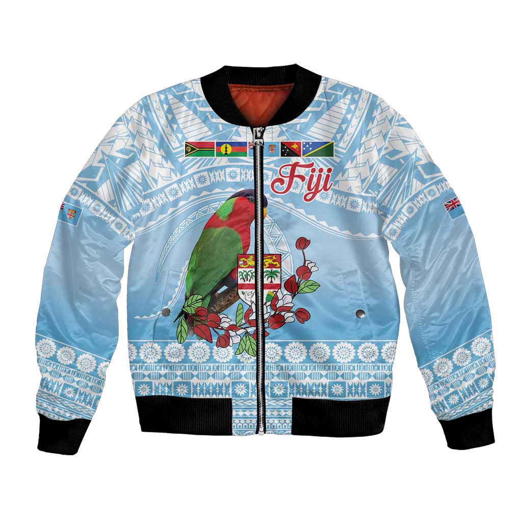 Melanesian Fiji Kula Bird Bomber Jacket with Tagimoucia Masi Tapa Pattern LT9 Unisex Blue - Polynesian Pride