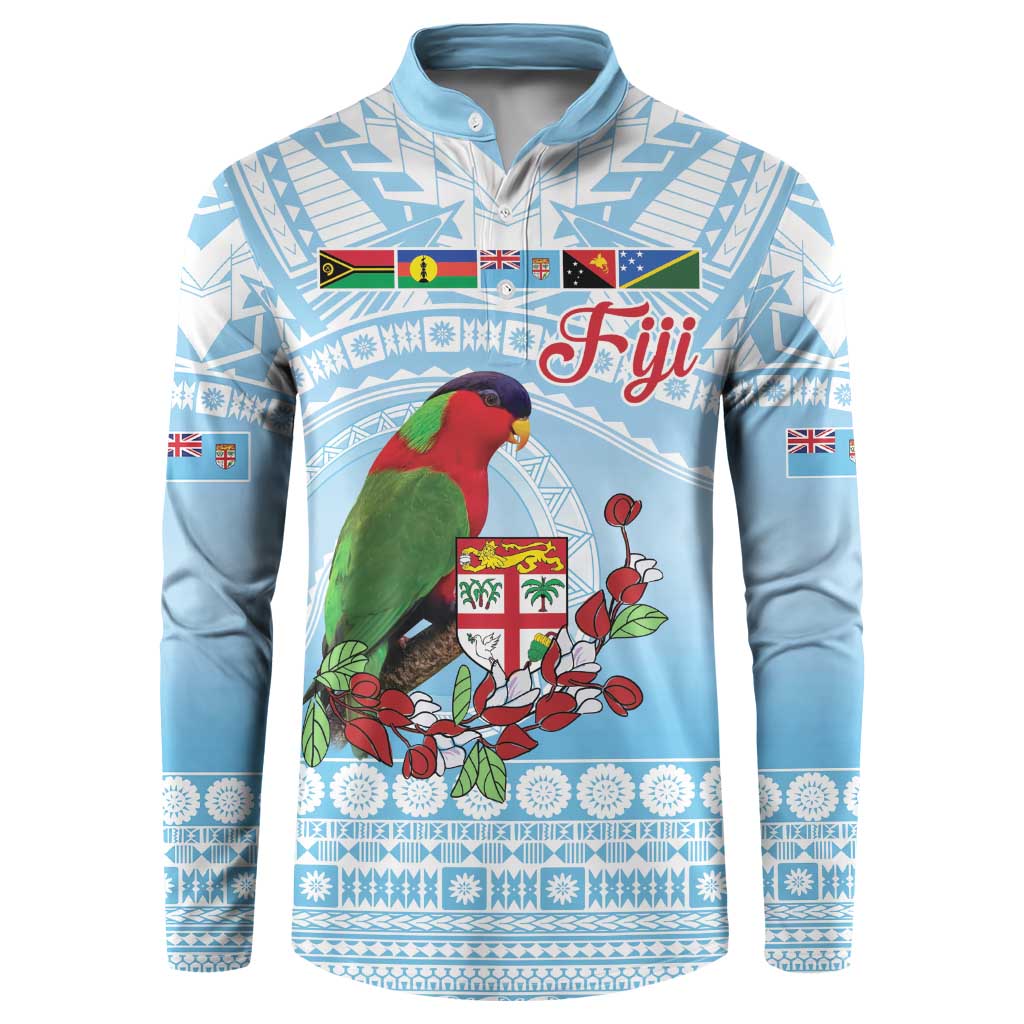 Melanesian Fiji Kula Bird Button Sweatshirt with Tagimoucia Masi Tapa Pattern LT9 Blue - Polynesian Pride