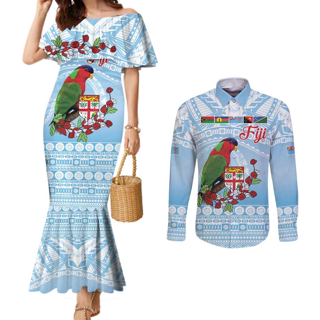 Melanesian Fiji Kula Bird Couples Matching Mermaid Dress and Long Sleeve Button Shirt with Tagimoucia Masi Tapa Pattern