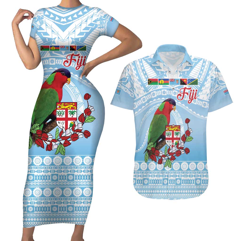 Melanesian Fiji Kula Bird Couples Matching Short Sleeve Bodycon Dress and Hawaiian Shirt with Tagimoucia Masi Tapa Pattern