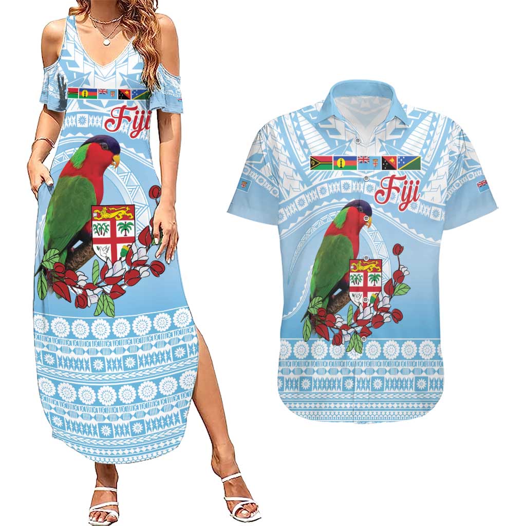 Melanesian Fiji Kula Bird Couples Matching Summer Maxi Dress and Hawaiian Shirt with Tagimoucia Masi Tapa Pattern