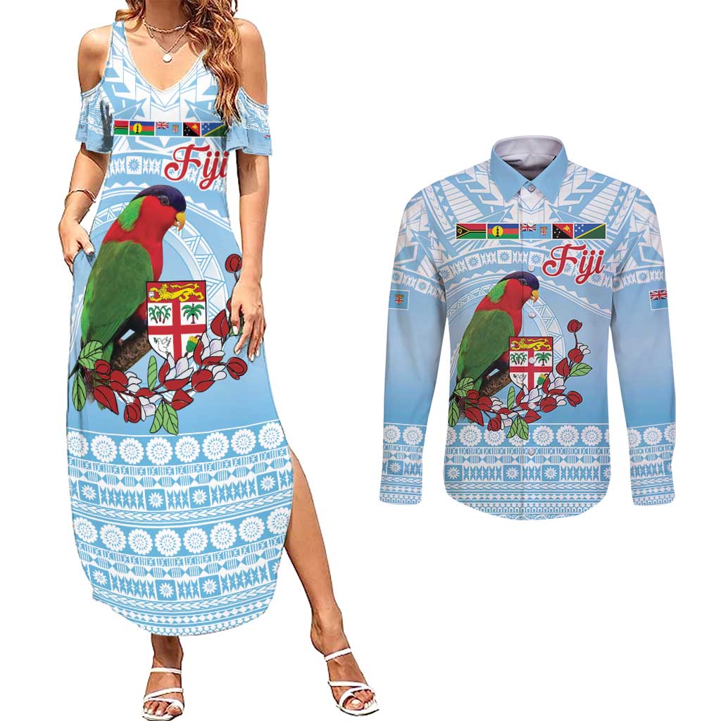 Melanesian Fiji Kula Bird Couples Matching Summer Maxi Dress and Long Sleeve Button Shirt with Tagimoucia Masi Tapa Pattern