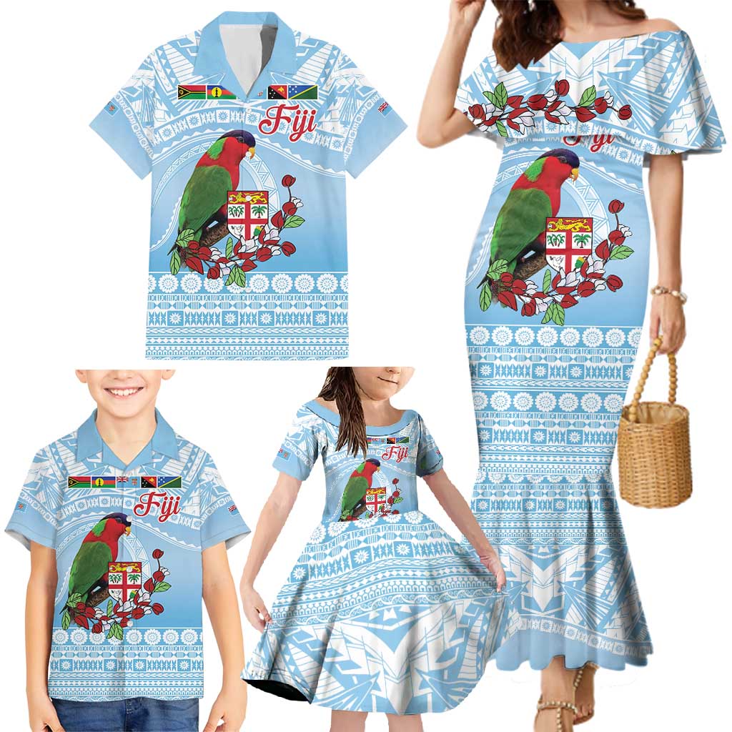 Melanesian Fiji Kula Bird Family Matching Mermaid Dress and Hawaiian Shirt with Tagimoucia Masi Tapa Pattern