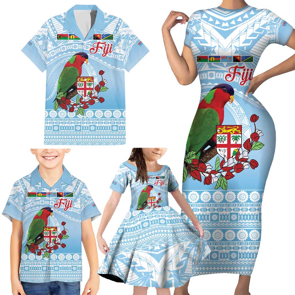 Melanesian Fiji Kula Bird Family Matching Short Sleeve Bodycon Dress and Hawaiian Shirt with Tagimoucia Masi Tapa Pattern