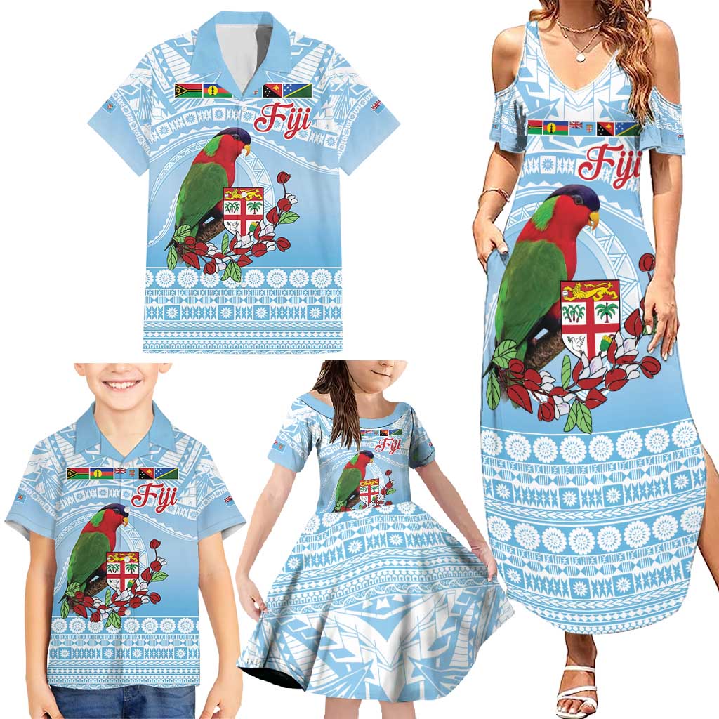 Melanesian Fiji Kula Bird Family Matching Summer Maxi Dress and Hawaiian Shirt with Tagimoucia Masi Tapa Pattern