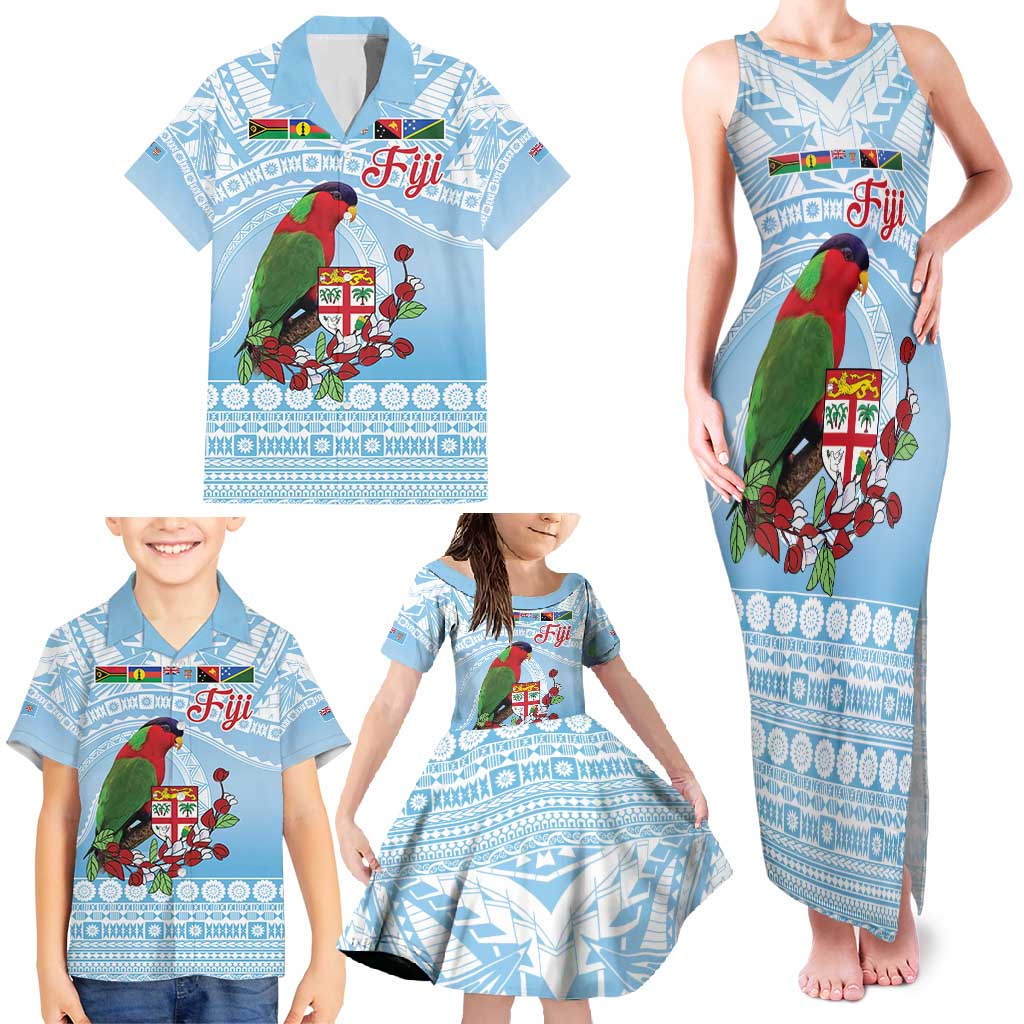 Melanesian Fiji Kula Bird Family Matching Tank Maxi Dress and Hawaiian Shirt with Tagimoucia Masi Tapa Pattern