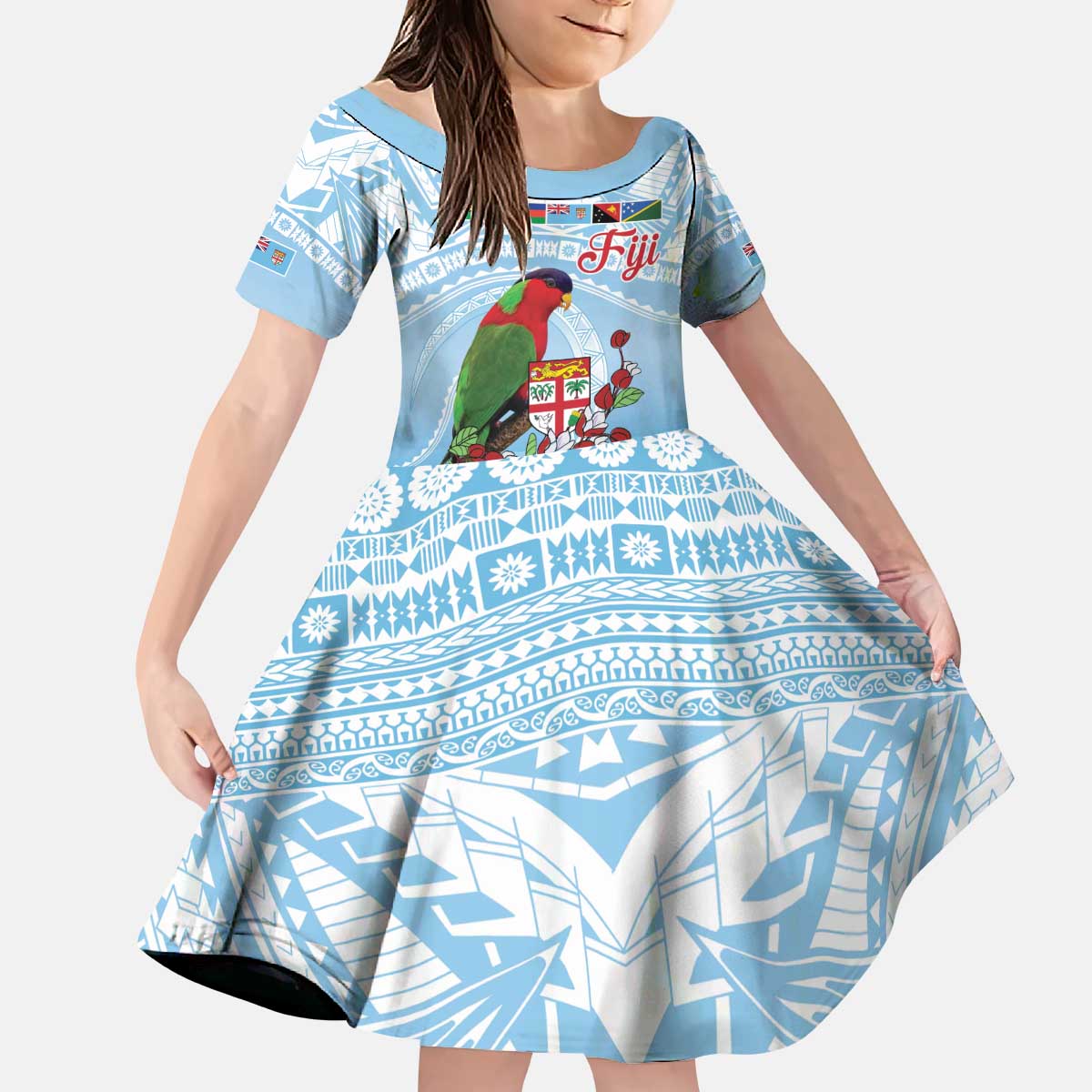 Melanesian Fiji Kula Bird Kid Short Sleeve Dress with Tagimoucia Masi Tapa Pattern