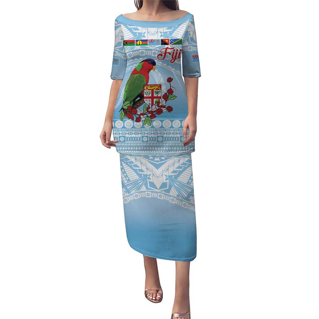 Melanesian Fiji Kula Bird Puletasi with Tagimoucia Masi Tapa Pattern LT9 Long Dress Blue - Polynesian Pride