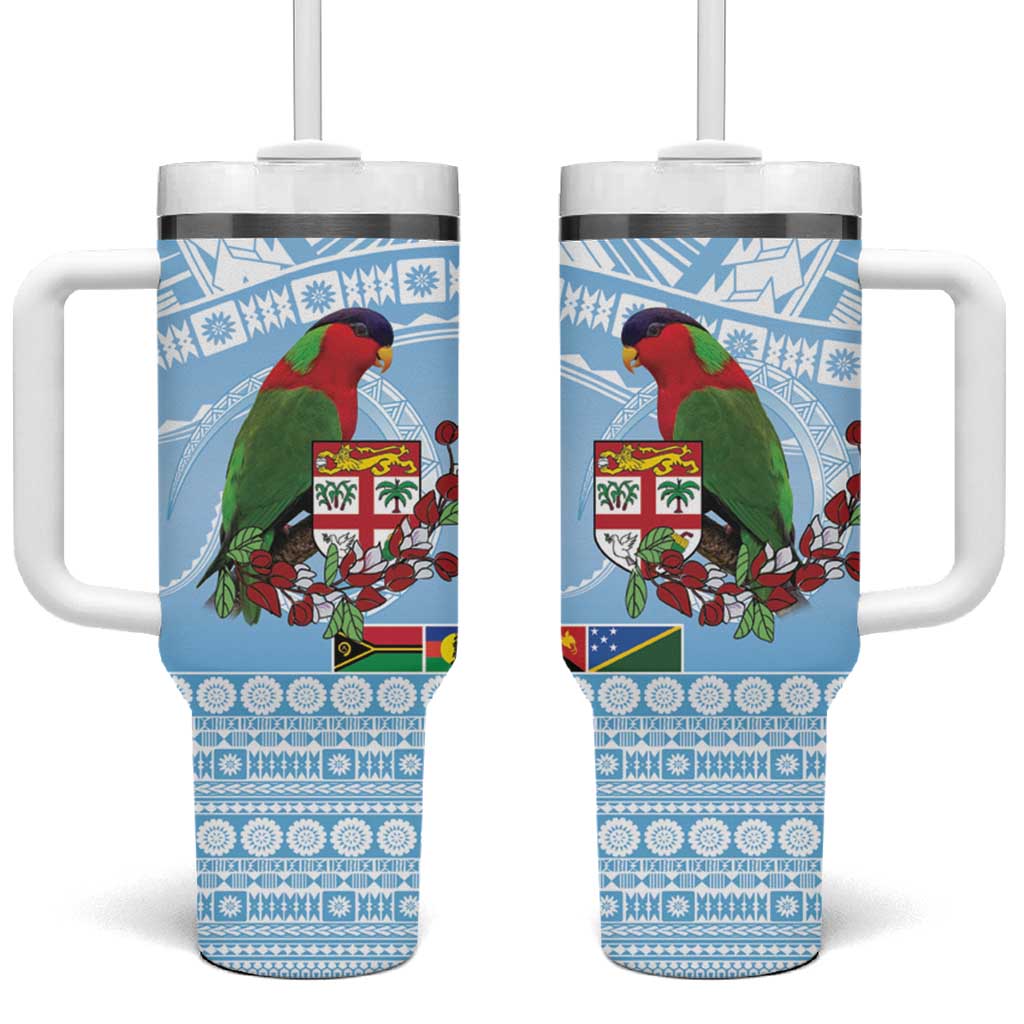 Melanesian Fiji Tumbler With Handle Kula Bird with Tagimoucia Masi Tapa Pattern LT9 One Size: 40 oz Blue - Polynesian Pride