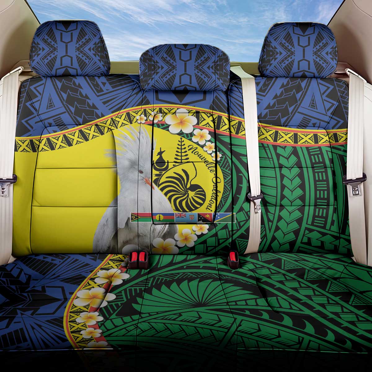 Melanesian New Caledonia Back Car Seat Cover Plumeria Kagu Bird and Nautilus Shell LT9 One Size Blue - Polynesian Pride