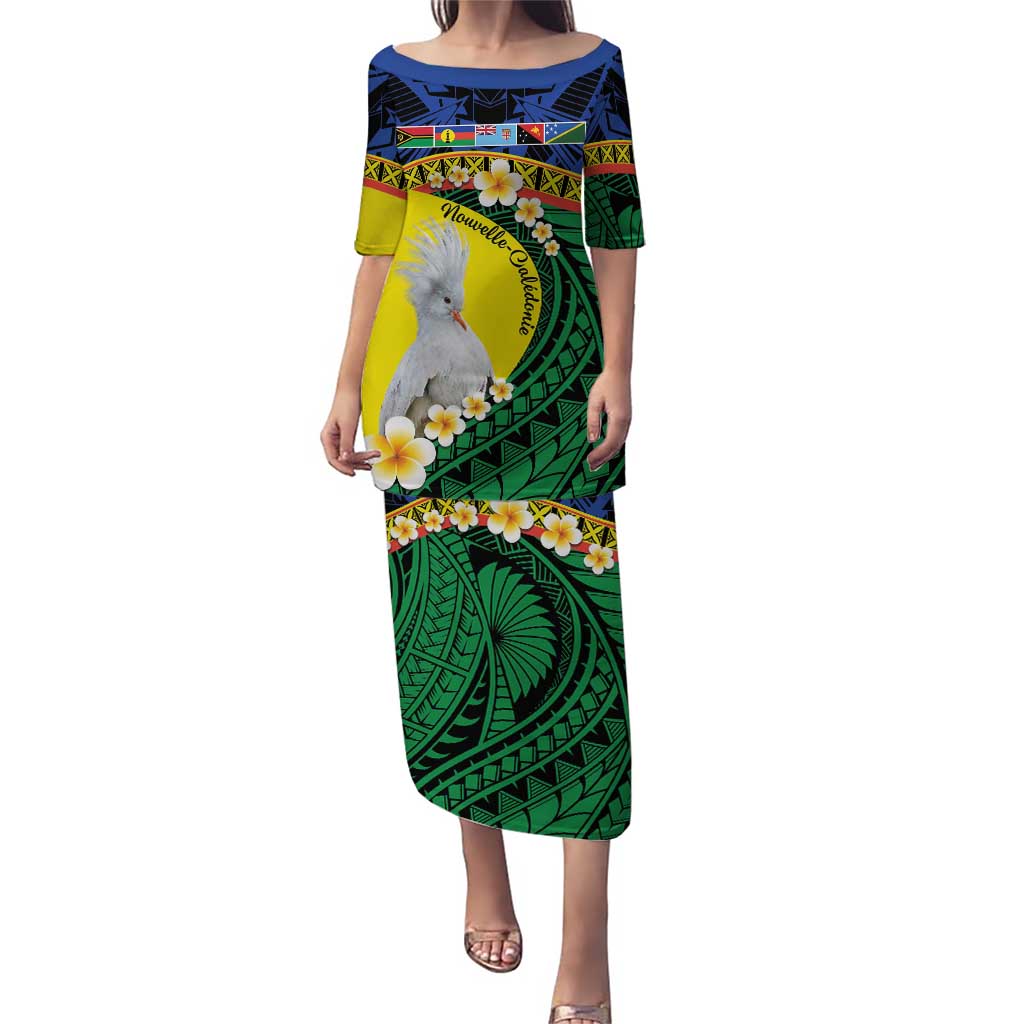Melanesian New Caledonia Puletasi Plumeria Kagu Bird and Nautilus Shell LT9 Long Dress Blue - Polynesian Pride