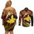 Melanesian Papua New Guinea Couples Matching Off Shoulder Short Dress and Long Sleeve Button Shirt Plumeria Bird of Paradise Tribal